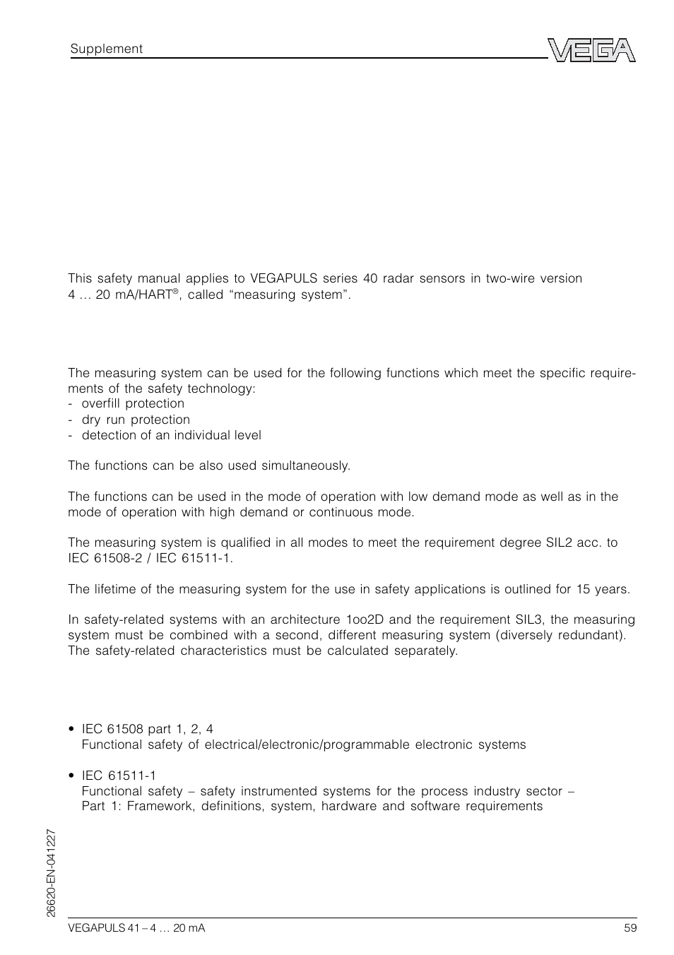 Supplement, Safety manual, 1 general | 1 validity, 2 application range, 3 relevant standards, Supplement safety manual, 1general | VEGA VEGAPULS 41 4 … 20 mA; HART compact sensor User Manual | Page 59 / 68