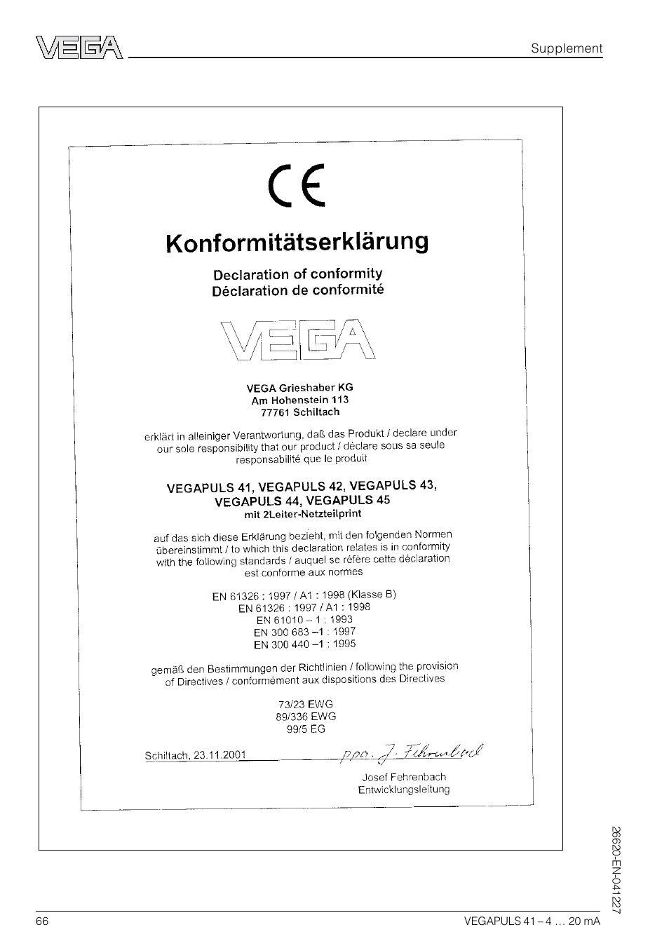 Ce conformity declaration | VEGA VEGAPULS 41 4 … 20 mA; HART compact sensor User Manual | Page 66 / 68