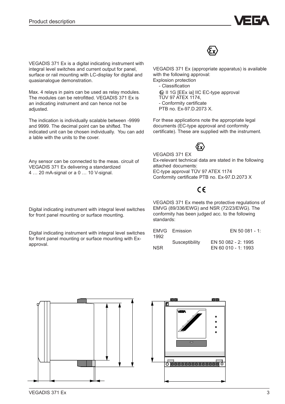 1 product description, 1 function and configuration, 2 types and versions | 4 dimensions, 3 approvals | VEGA VEGADIS 371 Ex User Manual | Page 3 / 20
