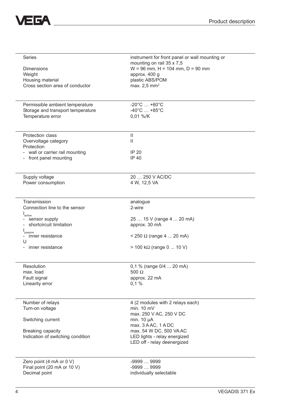 5 technical data | VEGA VEGADIS 371 Ex User Manual | Page 4 / 20