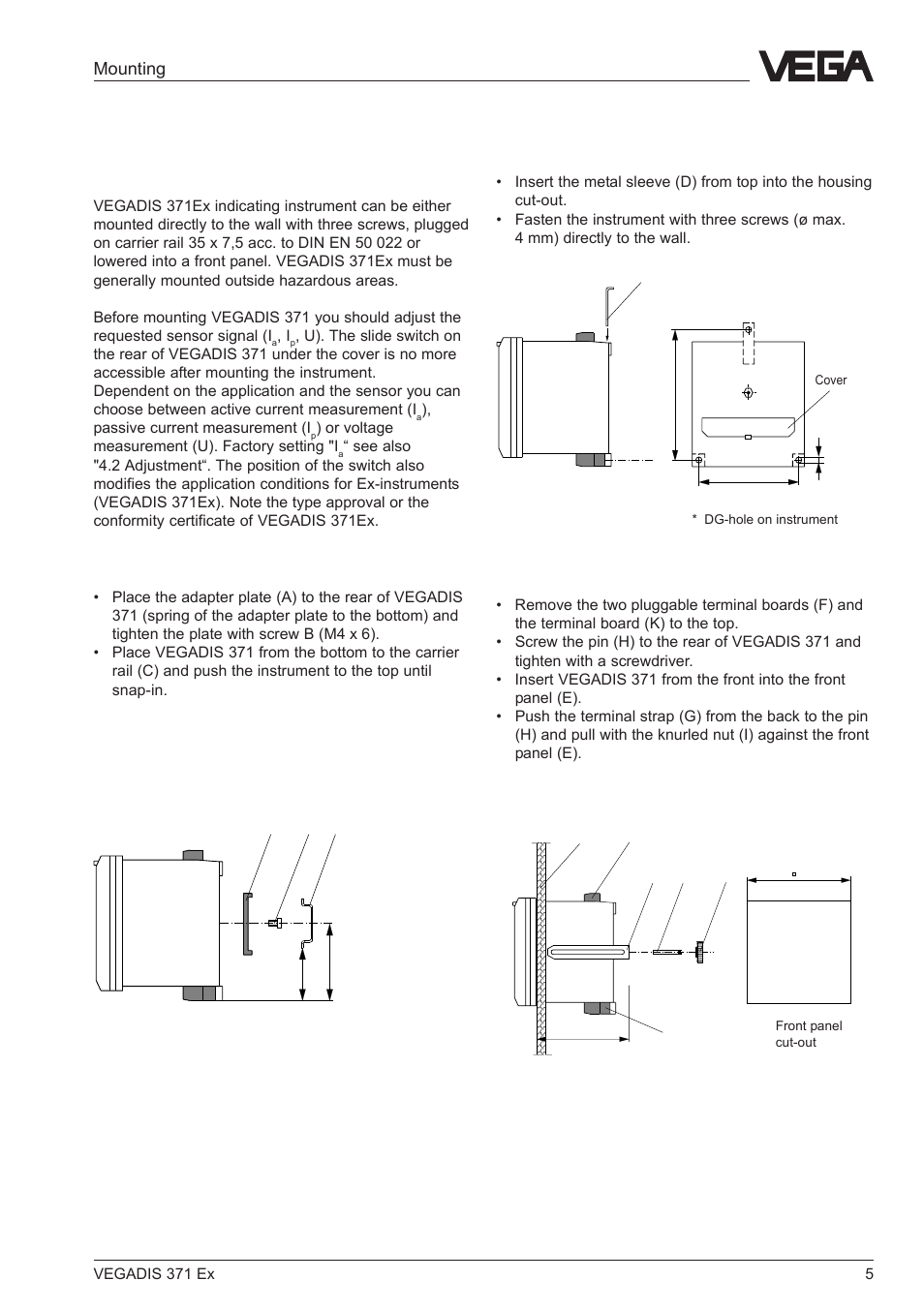 2 mounting, 1 mounting instructions, Mounting | Carrier rail mounting, Wall mounting, Front panel mounting | VEGA VEGADIS 371 Ex User Manual | Page 5 / 20