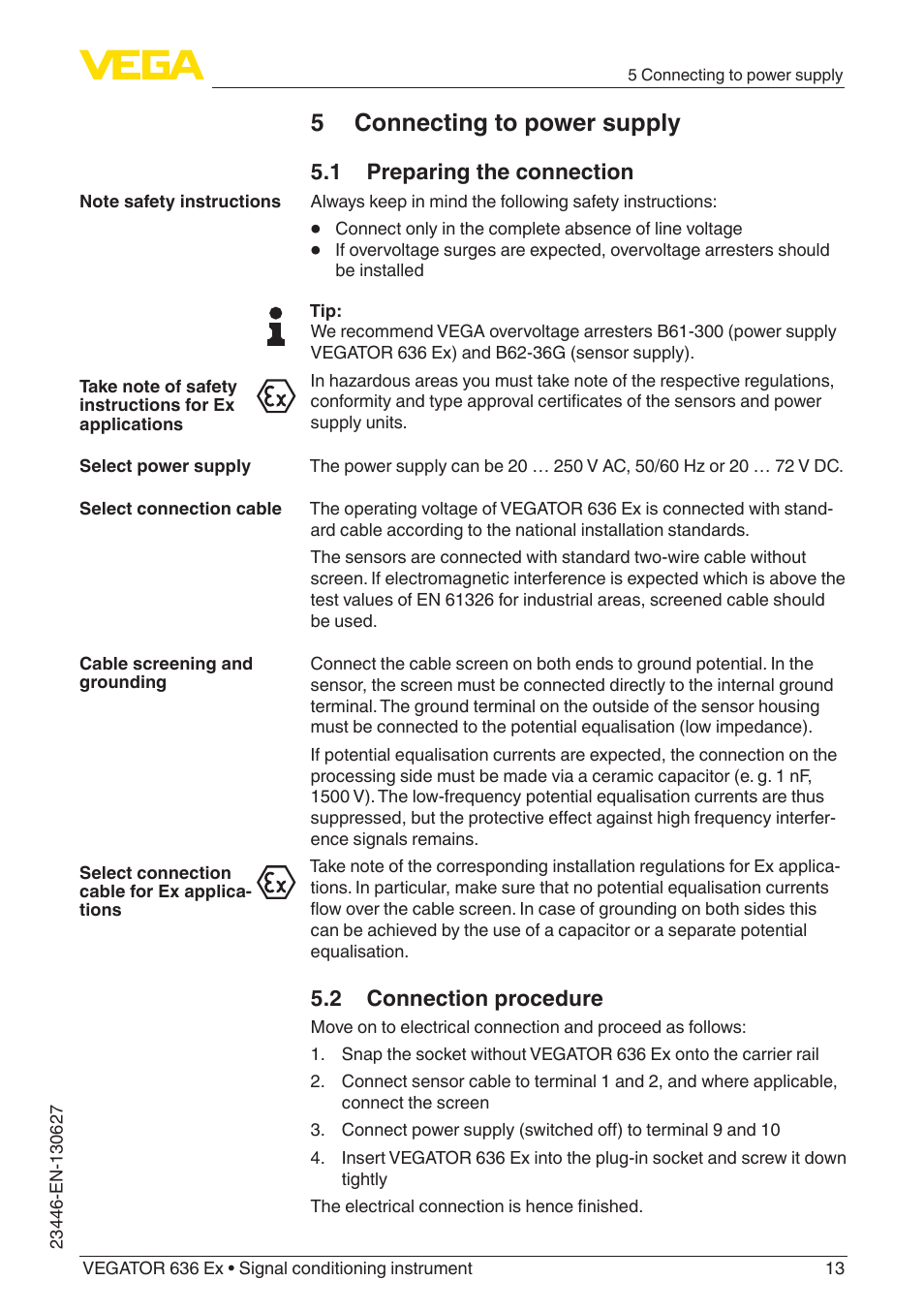 5 connecting to power supply | VEGA VEGATOR 636 Ex Ship approvals User Manual | Page 13 / 28