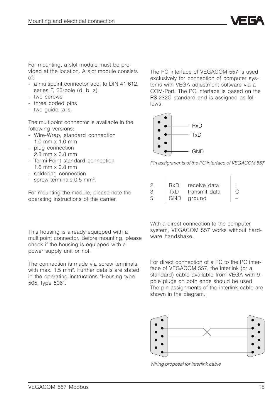 2 mounting in carrier and housing, 3 wiring plan vegacom 557, Pc interface in front panel (sub-d- plug) | Pin description i/o | VEGA VEGACOM 557 Modbus protocol User Manual | Page 15 / 68