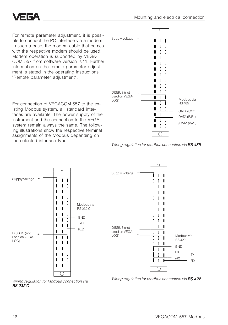 Connections of the multiple plug (rear), D b z | VEGA VEGACOM 557 Modbus protocol User Manual | Page 16 / 68