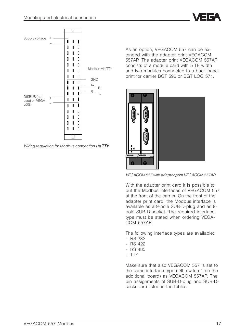 D b z, Mounting and electrical connection | VEGA VEGACOM 557 Modbus protocol User Manual | Page 17 / 68