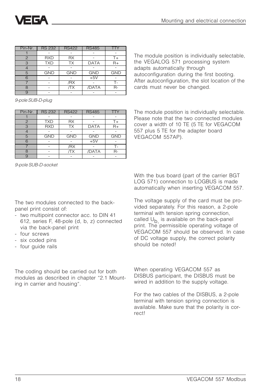 Pin assignments vegacom 557ap, Mounting instructions for vegacom 557ap, Module position | Connection vegacom 557ap, Mounting and electrical connection | VEGA VEGACOM 557 Modbus protocol User Manual | Page 18 / 68