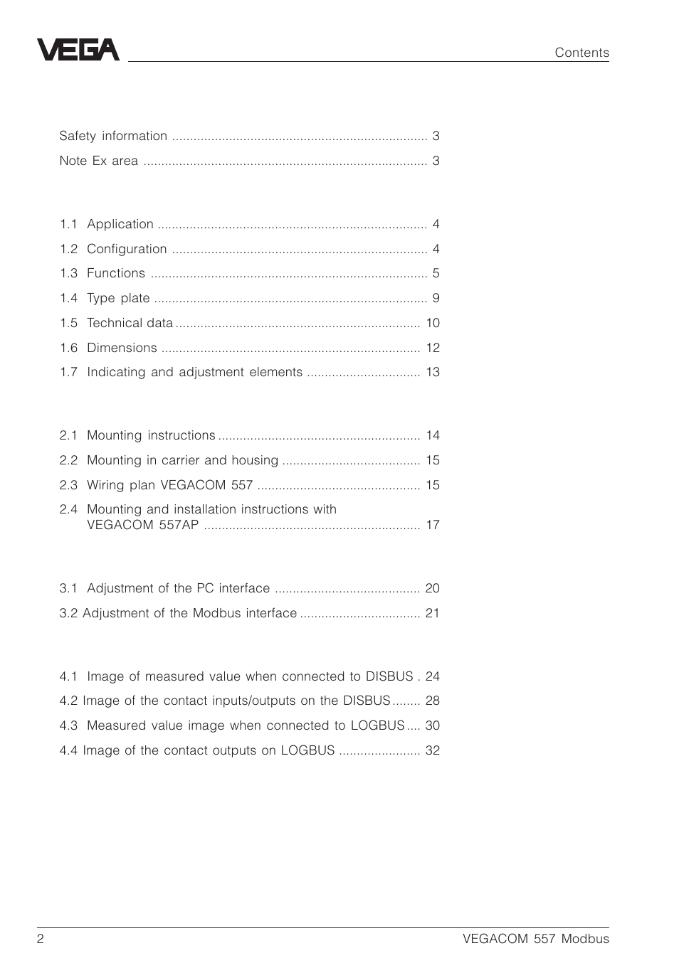 VEGA VEGACOM 557 Modbus protocol User Manual | Page 2 / 68