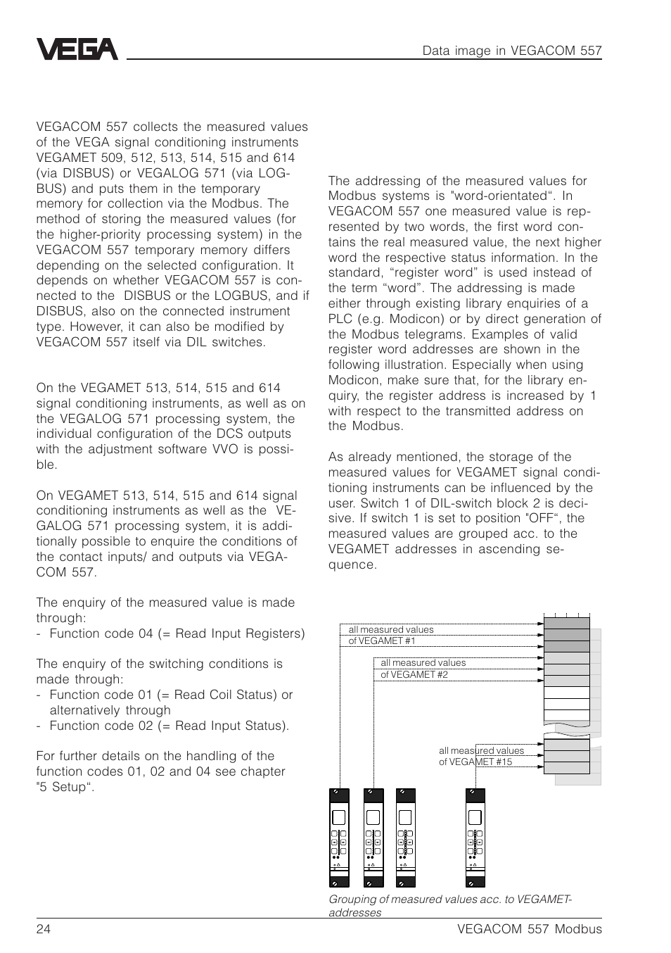 4 data image in vegacom 557, 1 image of measured value when connected to disbus, Data image in vegacom 557 | All measured values of vegamet #2 | VEGA VEGACOM 557 Modbus protocol User Manual | Page 24 / 68