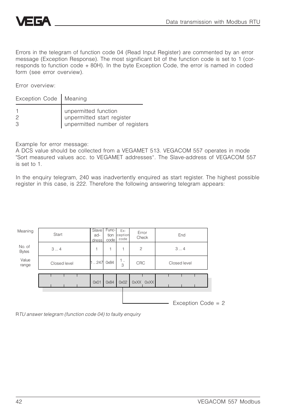 Error messages in rtu mode | VEGA VEGACOM 557 Modbus protocol User Manual | Page 42 / 68