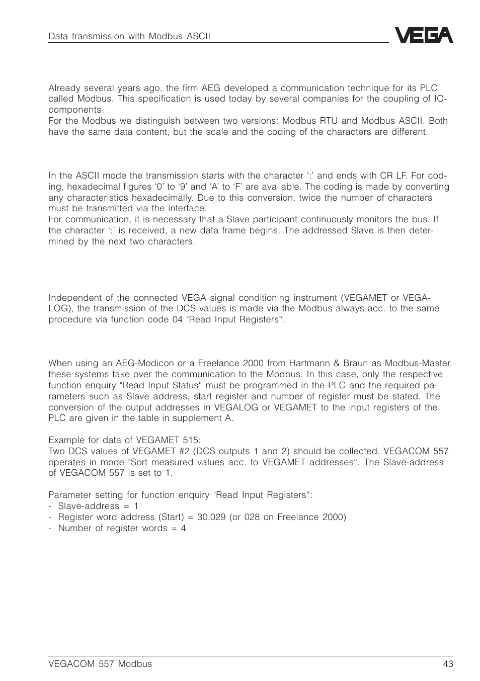 5 data transmission with modbus ascii | VEGA VEGACOM 557 Modbus protocol User Manual | Page 43 / 68