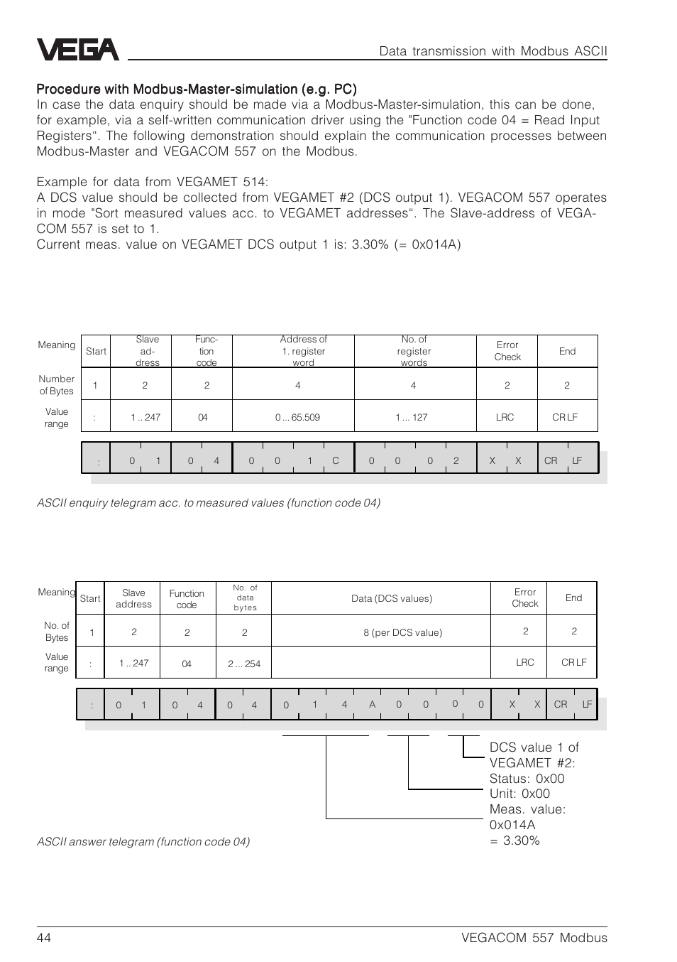 Procedure with modbus-master-simulation (e.g. pc) | VEGA VEGACOM 557 Modbus protocol User Manual | Page 44 / 68