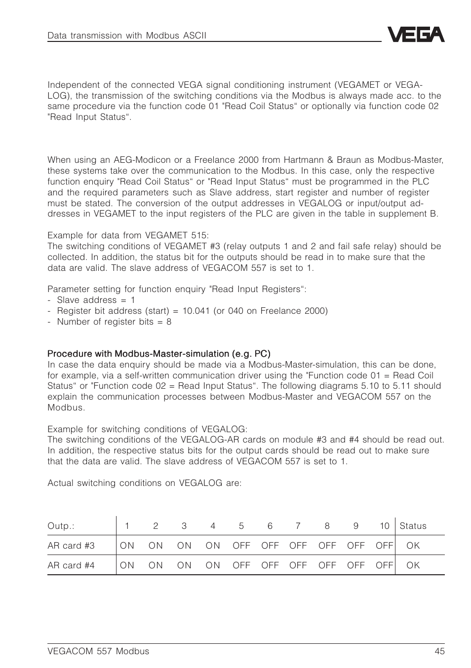 VEGA VEGACOM 557 Modbus protocol User Manual | Page 45 / 68