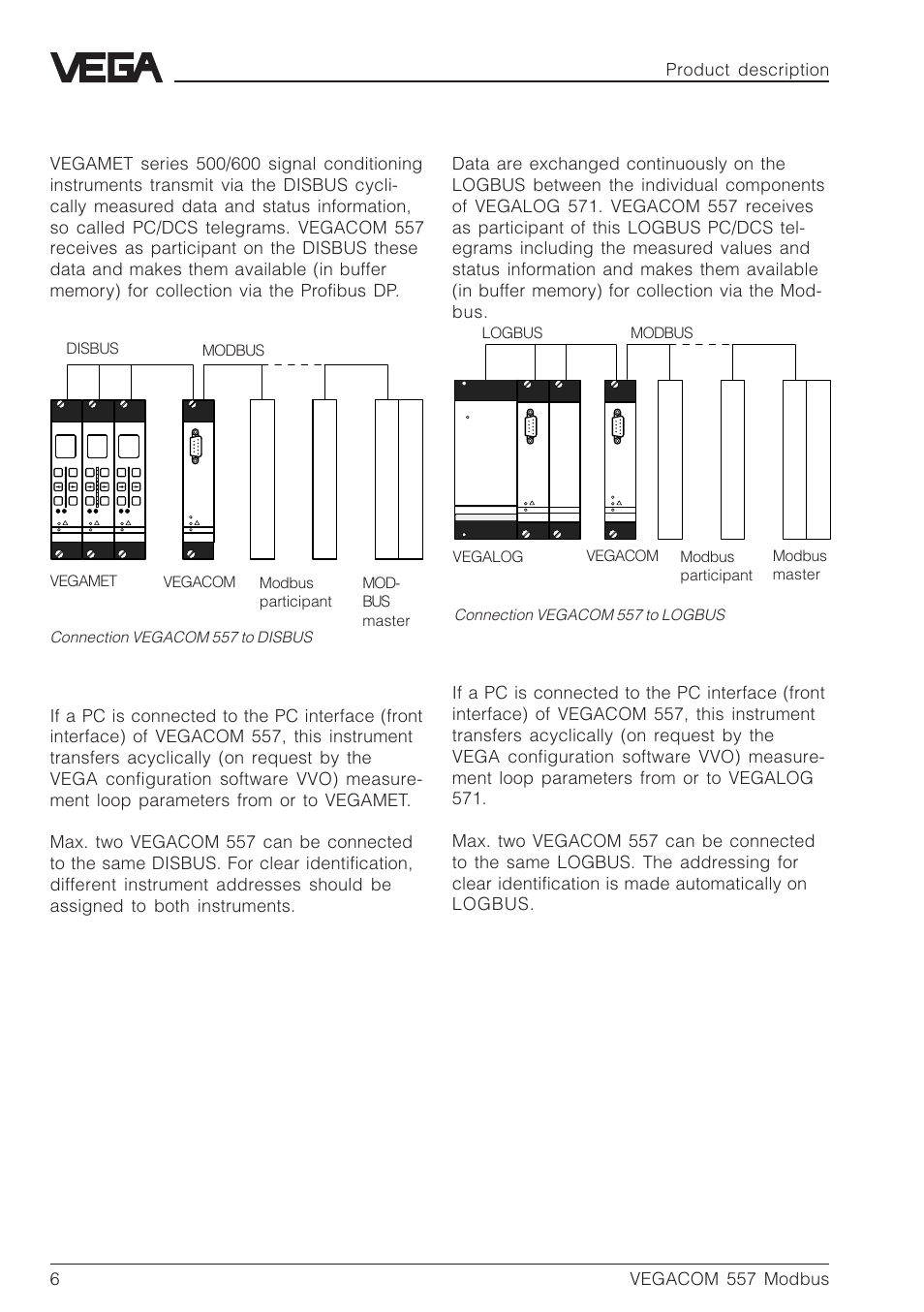 6vegacom 557 modbus, Connection vegacom 557 to disbus, Connection vegacom 557 to logbus | Disbus modbus vegamet vegacom mod- bus master, Modbus participant | VEGA VEGACOM 557 Modbus protocol User Manual | Page 6 / 68