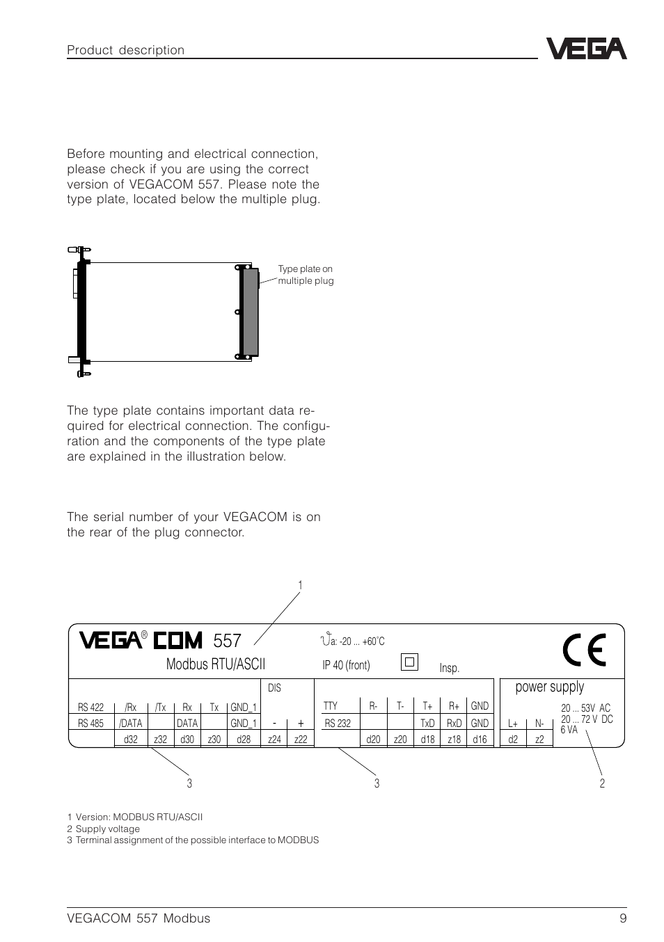 4 type plate, Modbus rtu/ascii, Power supply | Type plate | VEGA VEGACOM 557 Modbus protocol User Manual | Page 9 / 68