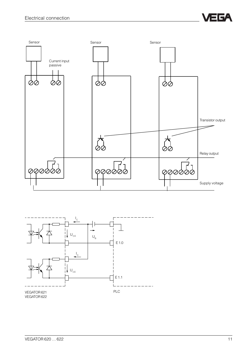 3 connection diagrams, Electrical connection, Transistor outputs in conjunction with a plc | VEGA VEGATOR 622 User Manual | Page 11 / 20