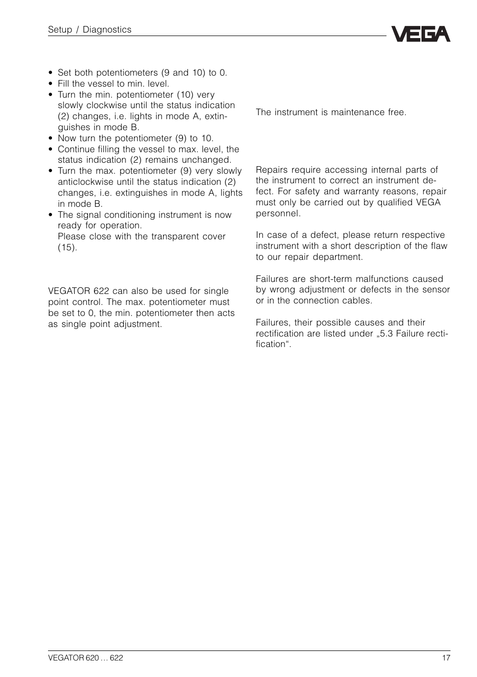 5 diagnostics, 1 maintenance, 2 repair | VEGA VEGATOR 622 User Manual | Page 17 / 20