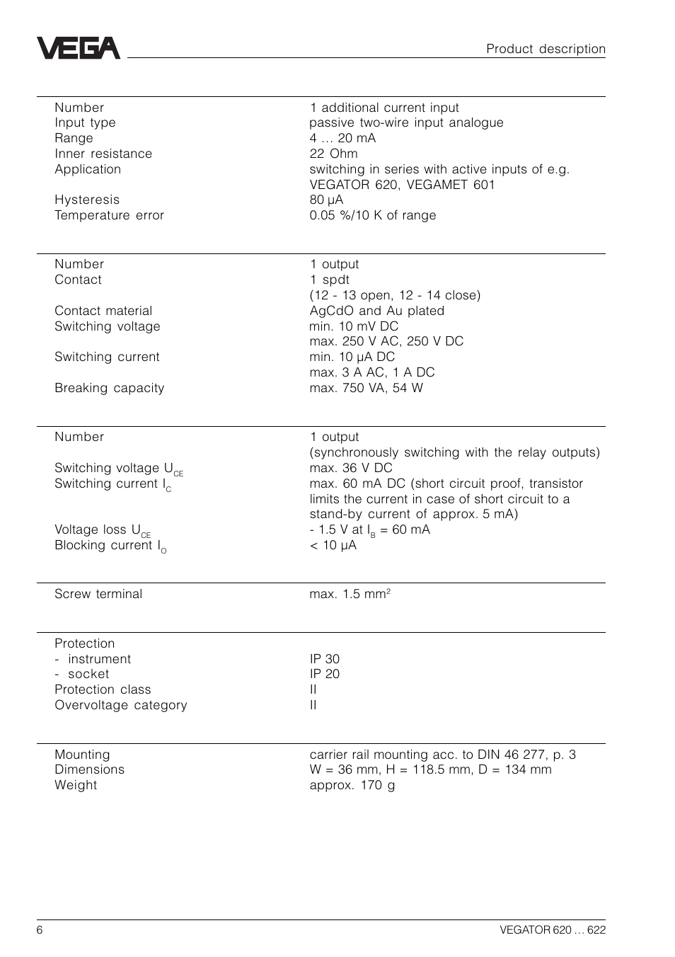 VEGA VEGATOR 622 User Manual | Page 6 / 20