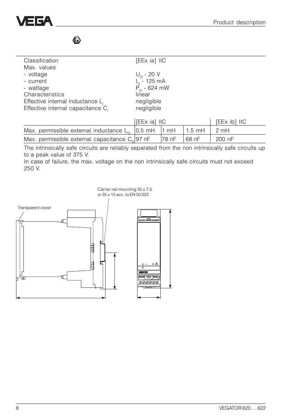 Ex technical data, Product description, 20 v - current i | 125 ma - wattage p, Negligible effective internal capacitance c | VEGA VEGATOR 622 User Manual | Page 8 / 20