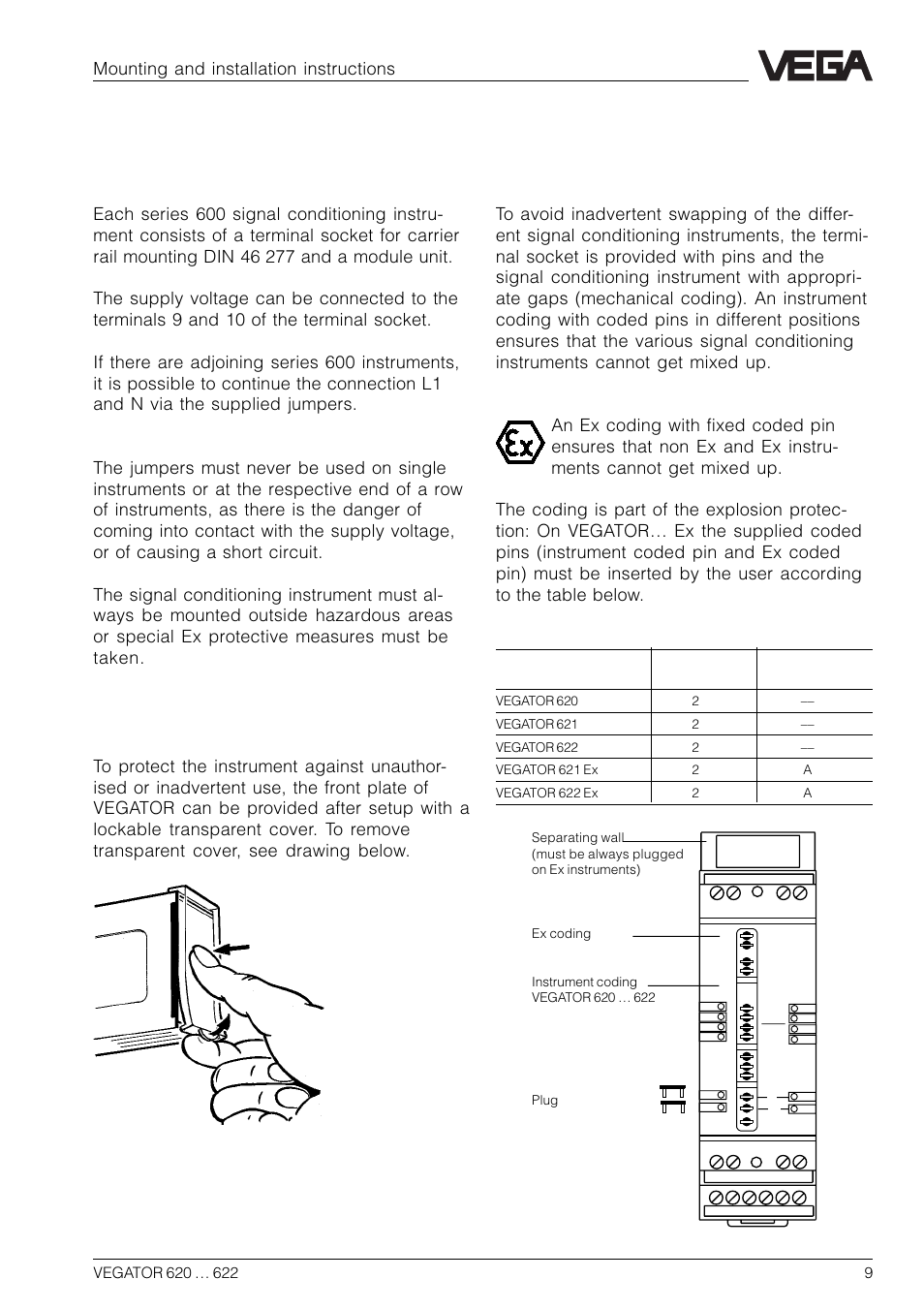 2 mounting and installation instructions, Mounting, Transparent cover | Coding, Mounting and installation instructions | VEGA VEGATOR 622 User Manual | Page 9 / 20