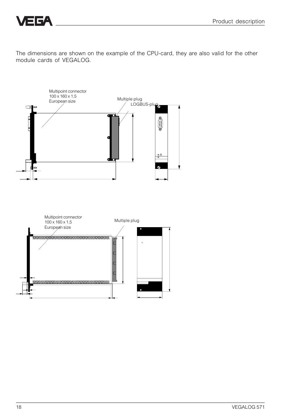 5 dimensions, Cpu-card, Power supply card vegastab | Product description | VEGA VEGALOG 571 User Manual | Page 18 / 48
