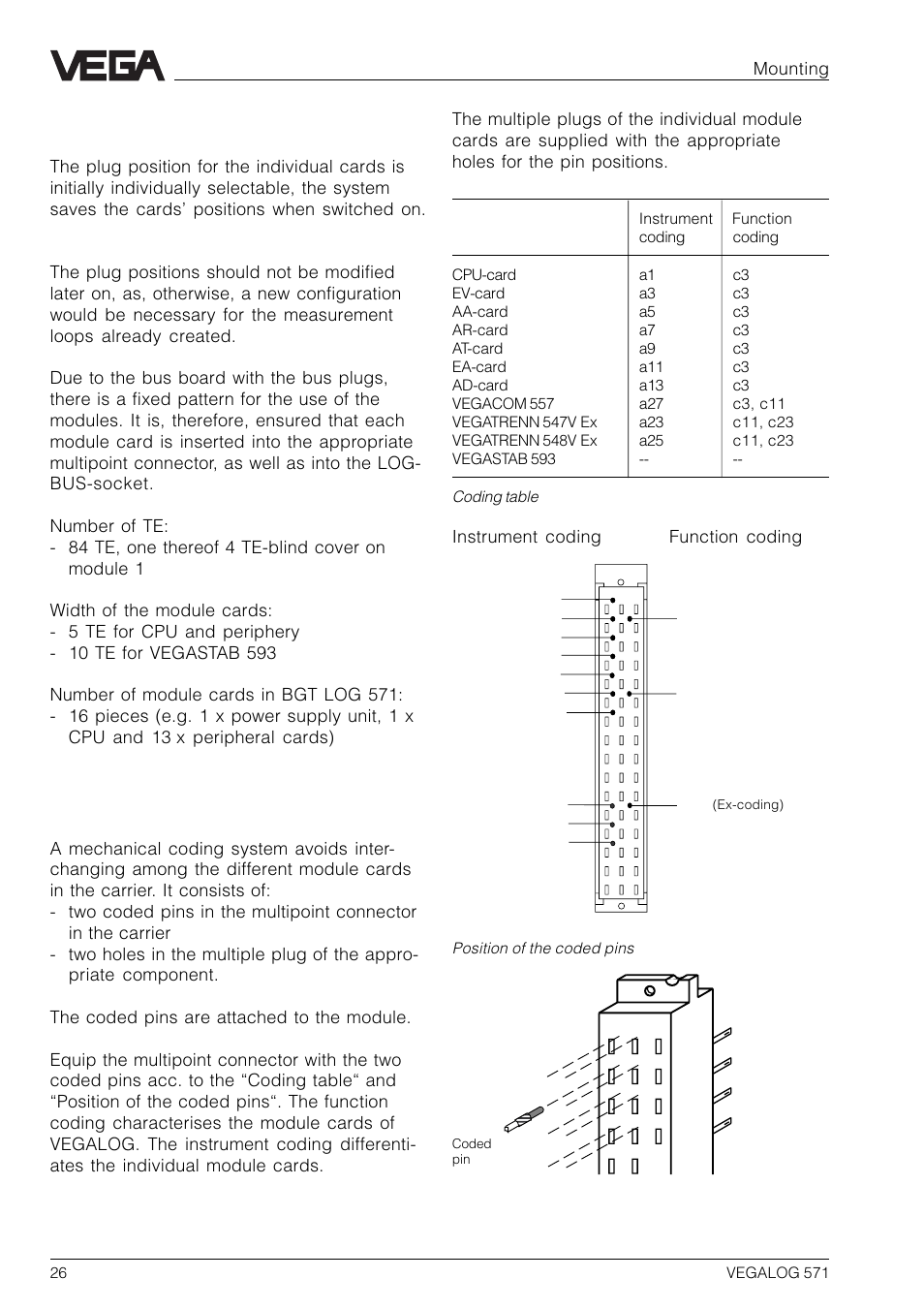 3 selection of the plug position, 4 coding, Mounting | Instrument coding function coding | VEGA VEGALOG 571 User Manual | Page 26 / 48
