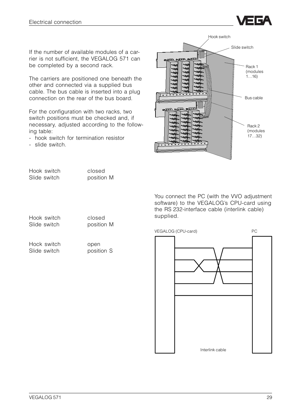 2 coupling of the carriers, 3 interface cable pc - vegalog, Configuration with two racks | VEGA VEGALOG 571 User Manual | Page 29 / 48