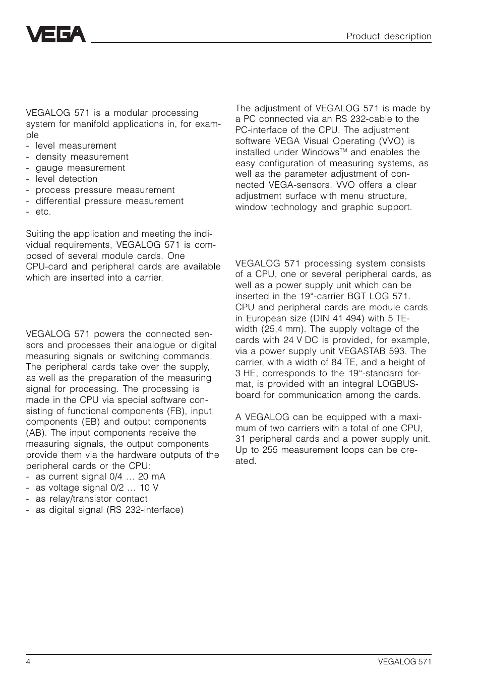 1 product description, 1 function and configuration | VEGA VEGALOG 571 User Manual | Page 4 / 48