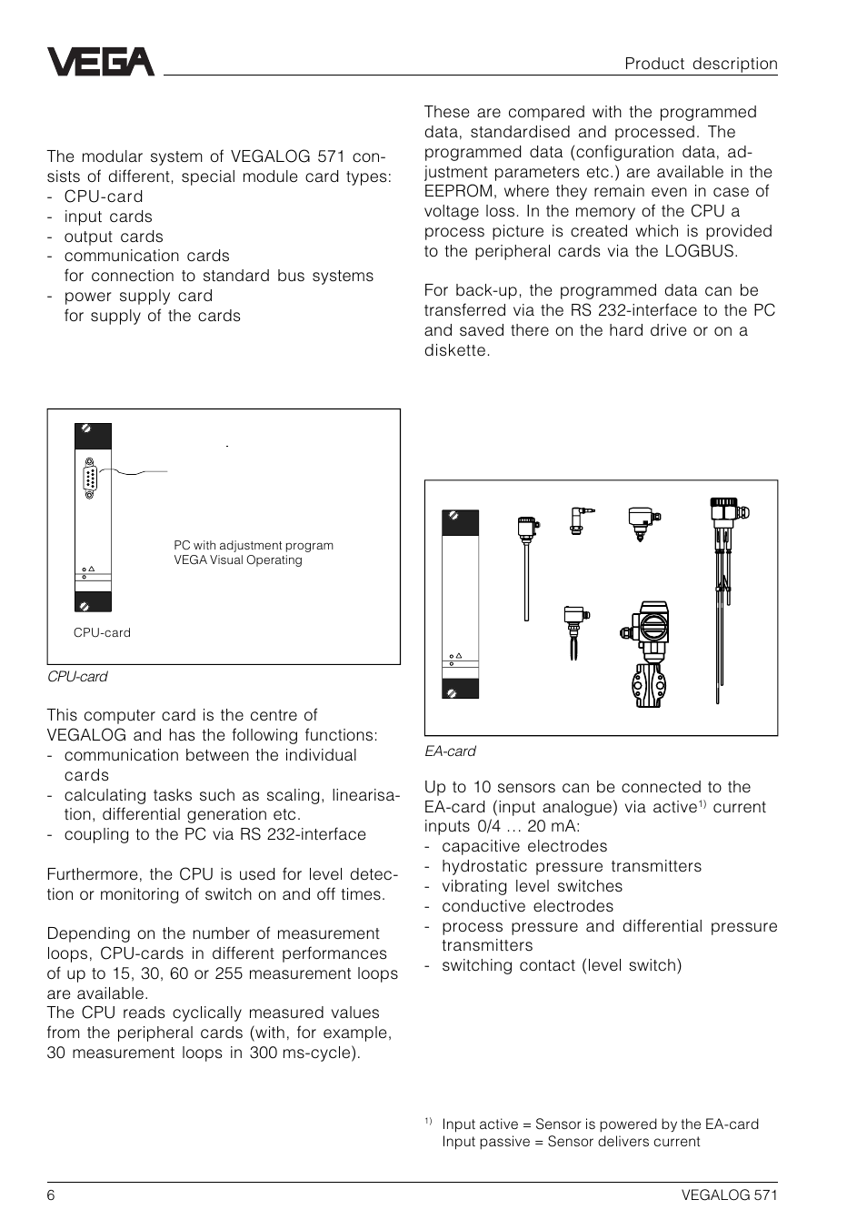 3 module card types, Cpu-card, Input cards | Product description | VEGA VEGALOG 571 User Manual | Page 6 / 48