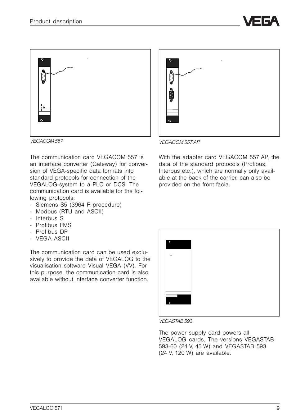 Communication card, Adapter print, Power supply card | Product description, Vegastab 593, Vegacom 557, Vegacom 557 ap | VEGA VEGALOG 571 User Manual | Page 9 / 48
