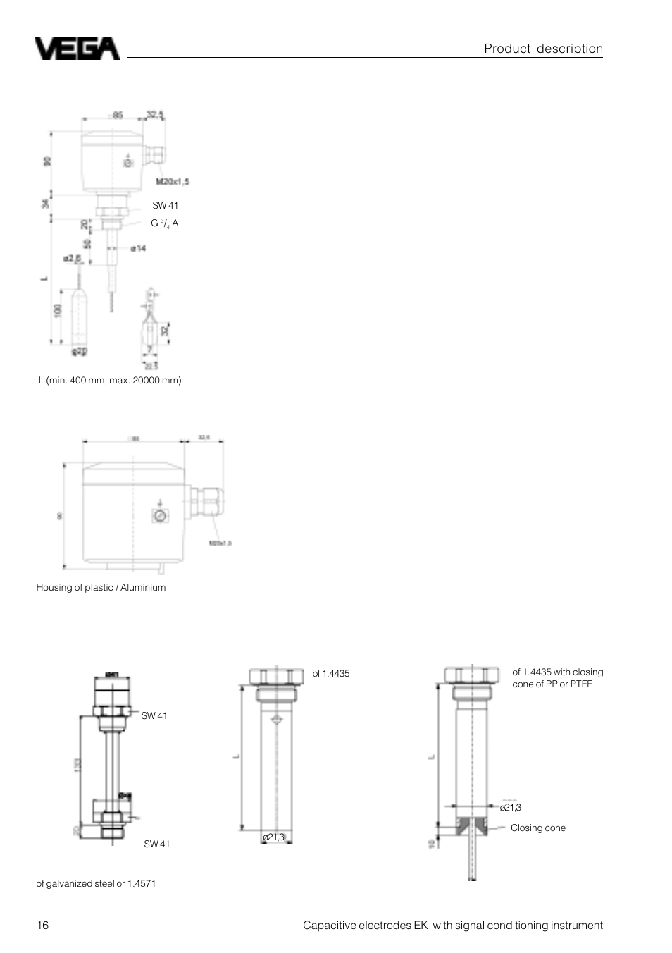 Product description housing temperature adapter, Concentric tube screening tube, Type ek 31 (partly insulated) | VEGA Capacitive electrodes EK … with signal conditioning instrument User Manual | Page 16 / 36