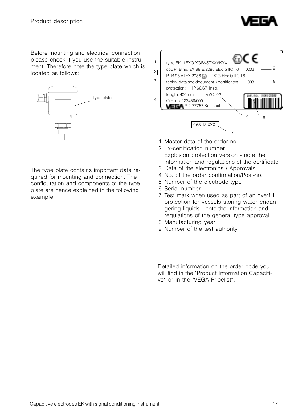 6 type plate, Vega, Ek 11 | VEGA Capacitive electrodes EK … with signal conditioning instrument User Manual | Page 17 / 36