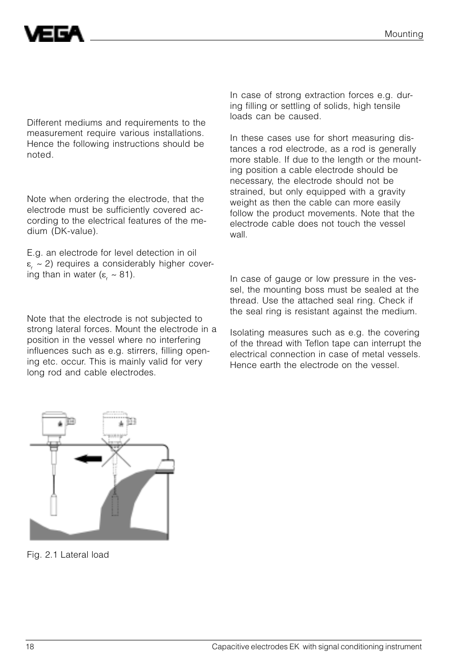 2 mounting, 1 mounting instructions | VEGA Capacitive electrodes EK … with signal conditioning instrument User Manual | Page 18 / 36