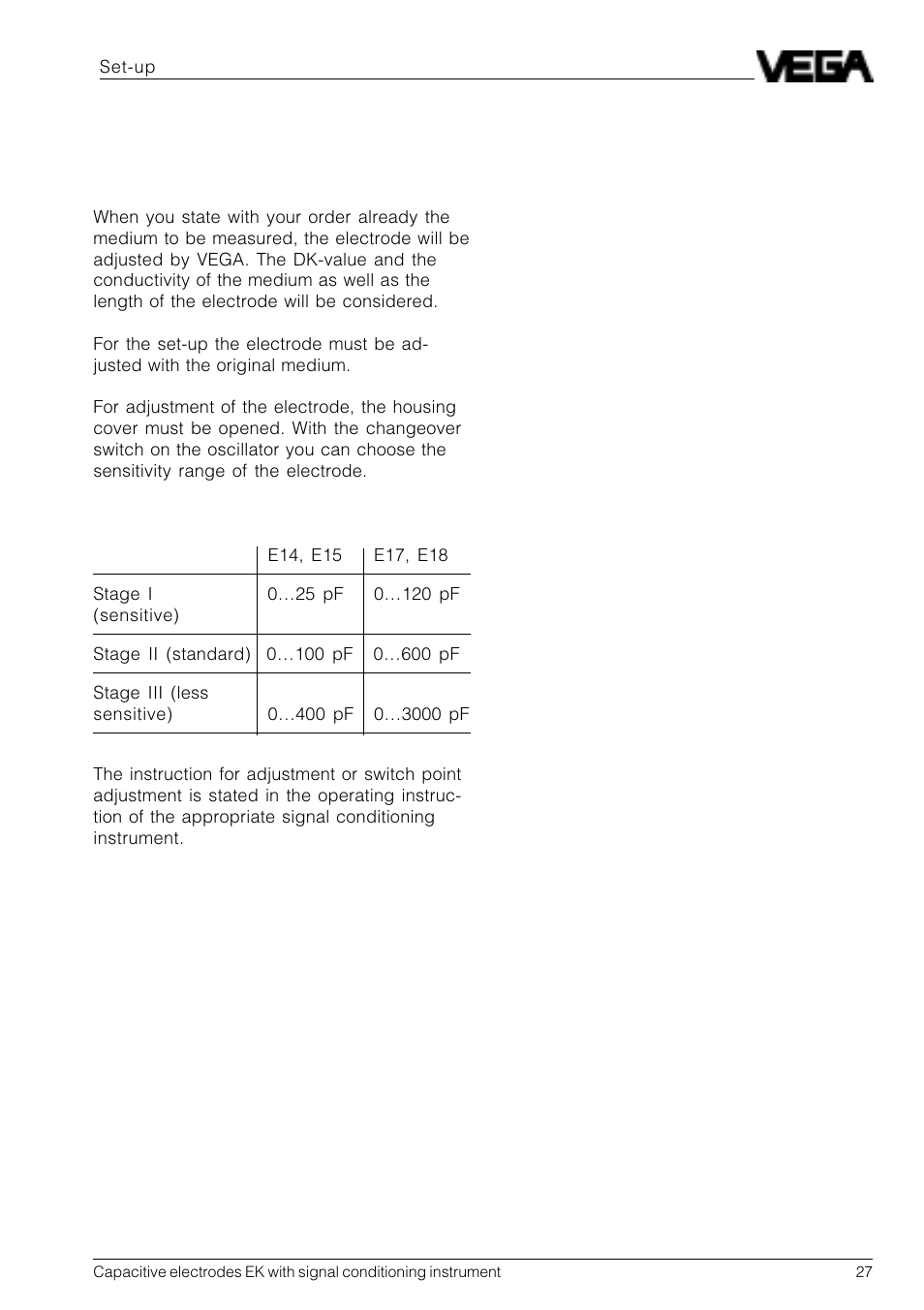 4 set-up, 1 general adjustment | VEGA Capacitive electrodes EK … with signal conditioning instrument User Manual | Page 27 / 36