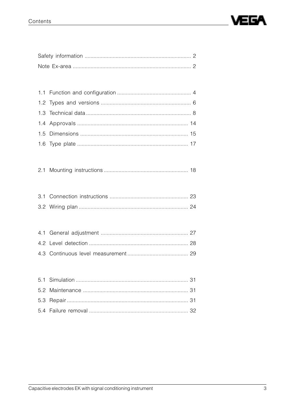 VEGA Capacitive electrodes EK … with signal conditioning instrument User Manual | Page 3 / 36