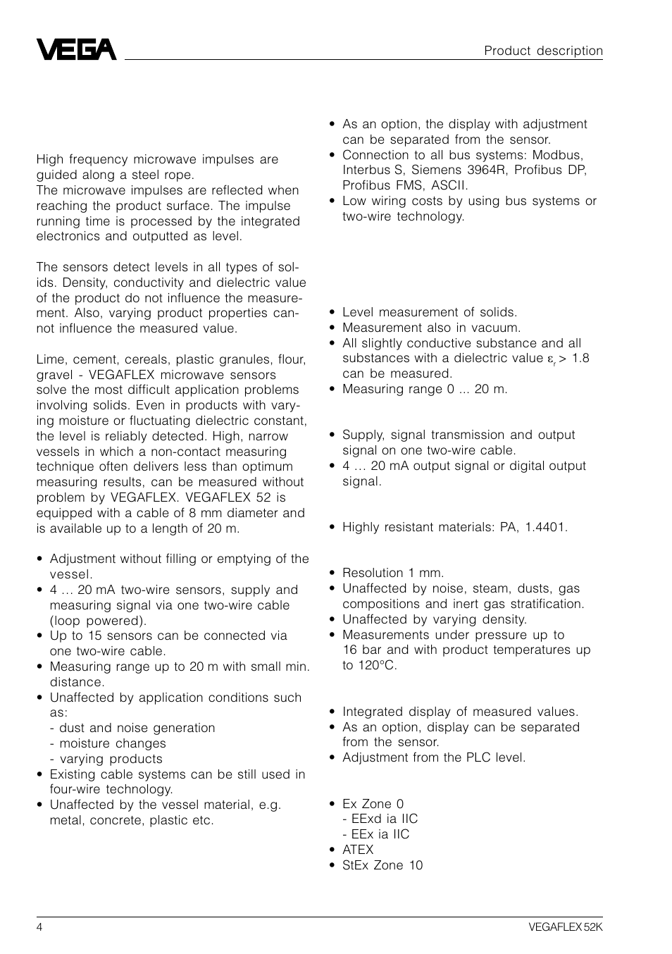 1 product description, 1 function, 2 application features | VEGA VEGAFLEX 52K User Manual | Page 4 / 32