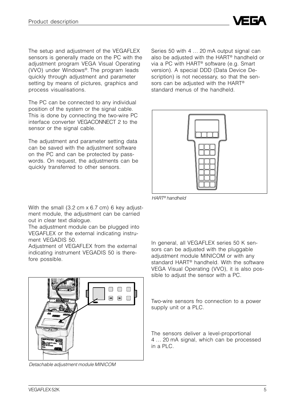 3 types and versions, Adjustment with hart, Handheld | Adjustment with pc, Adjustment with adjustment module minicom, Vegaflex series 50 k | VEGA VEGAFLEX 52K User Manual | Page 5 / 32