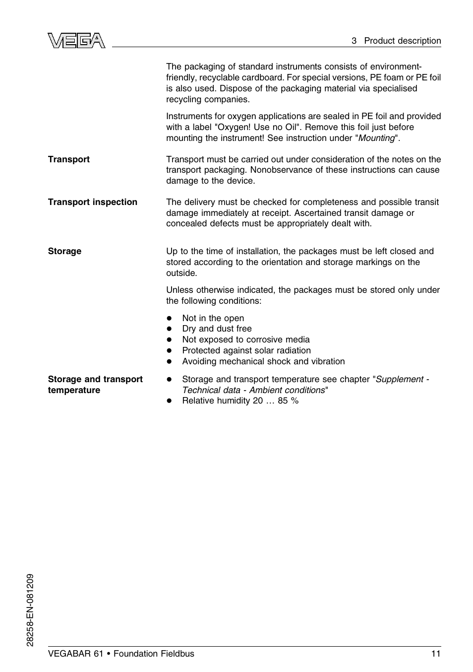 VEGA VEGABAR 61 Foundation Fieldbus User Manual | Page 11 / 84