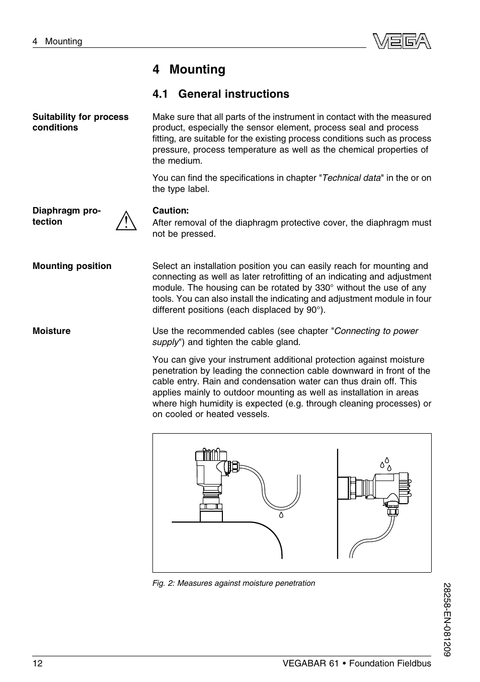 4 mounting, 1 general instructions | VEGA VEGABAR 61 Foundation Fieldbus User Manual | Page 12 / 84