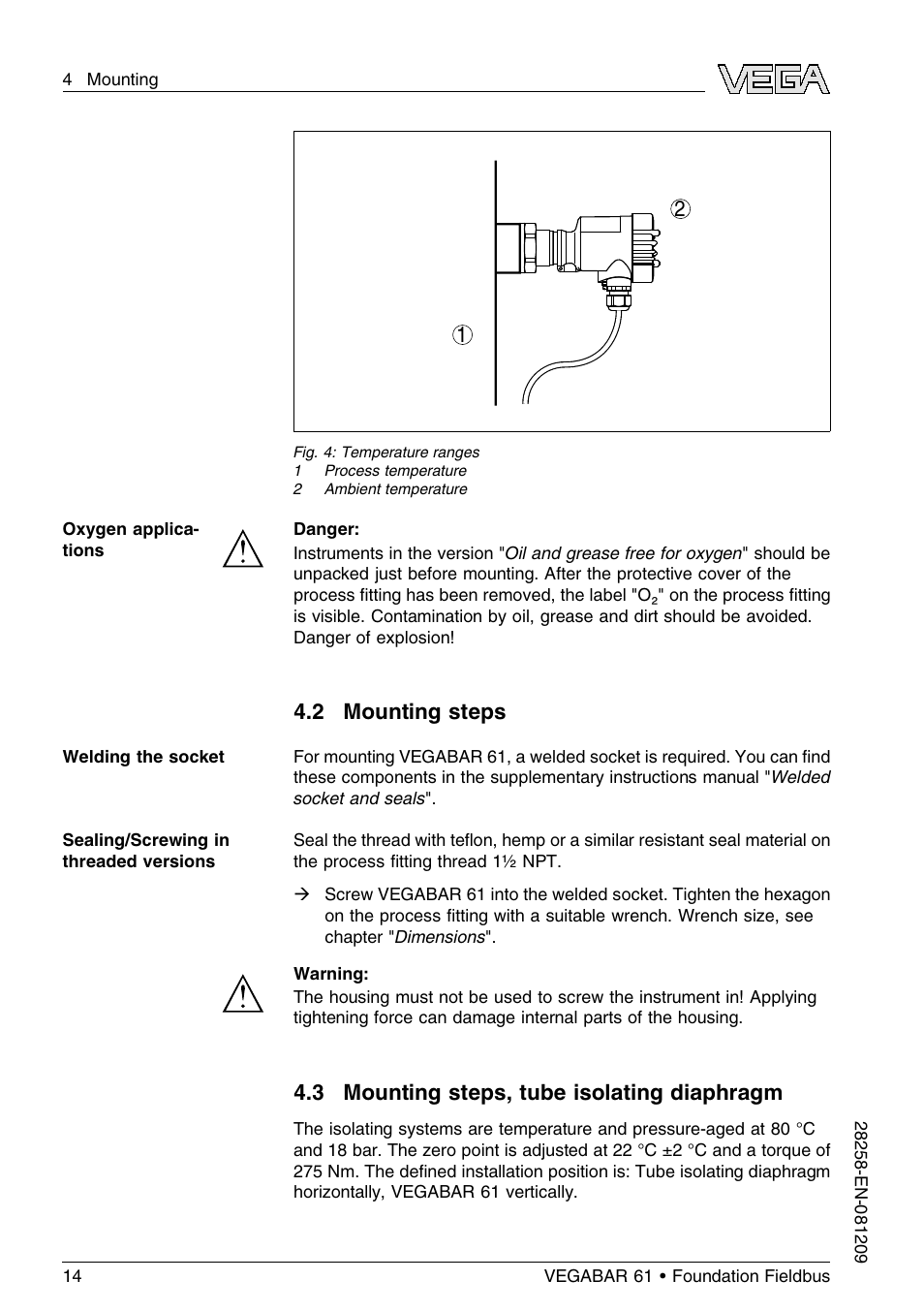 2 mounting steps, 3 mounting steps, tube isolating diaphragm | VEGA VEGABAR 61 Foundation Fieldbus User Manual | Page 14 / 84