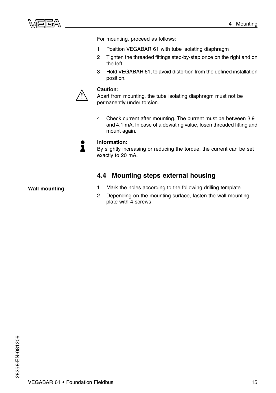4 mounting steps external housing | VEGA VEGABAR 61 Foundation Fieldbus User Manual | Page 15 / 84