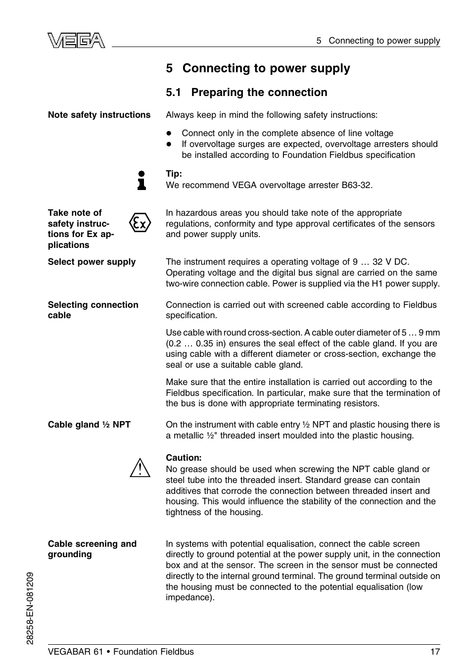 5 connecting to power supply, 1 preparing the connection | VEGA VEGABAR 61 Foundation Fieldbus User Manual | Page 17 / 84