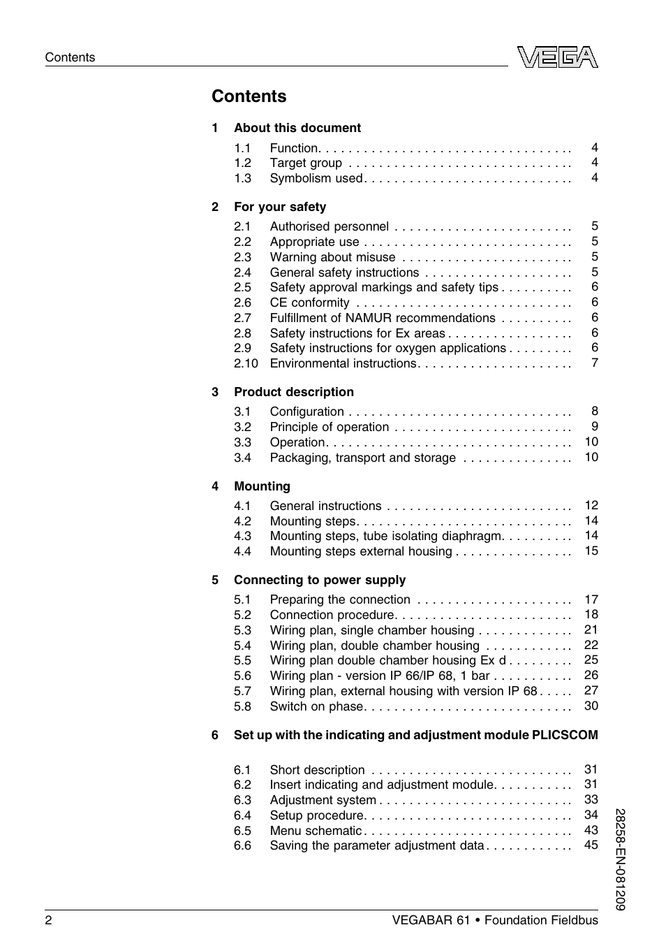 VEGA VEGABAR 61 Foundation Fieldbus User Manual | Page 2 / 84