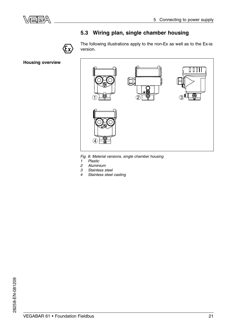 3 wiring plan, single chamber housing | VEGA VEGABAR 61 Foundation Fieldbus User Manual | Page 21 / 84