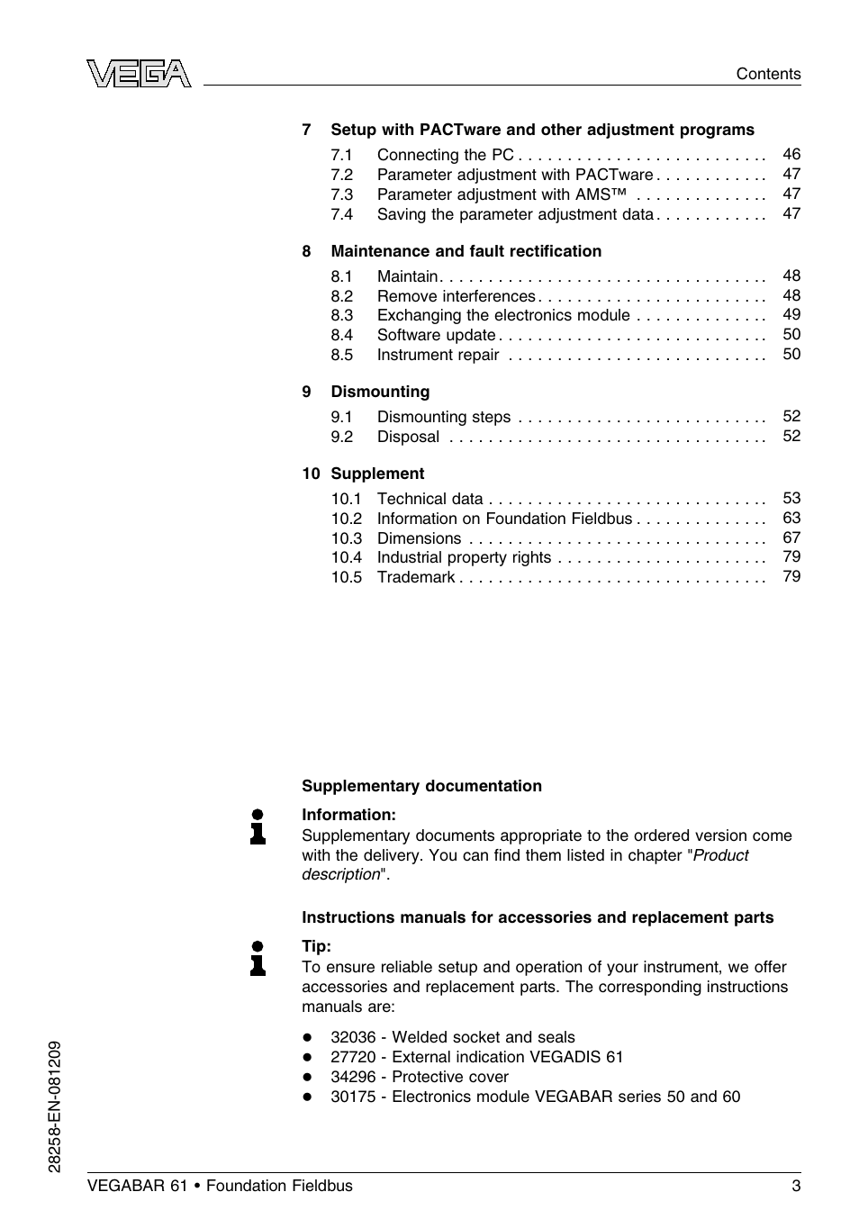 VEGA VEGABAR 61 Foundation Fieldbus User Manual | Page 3 / 84