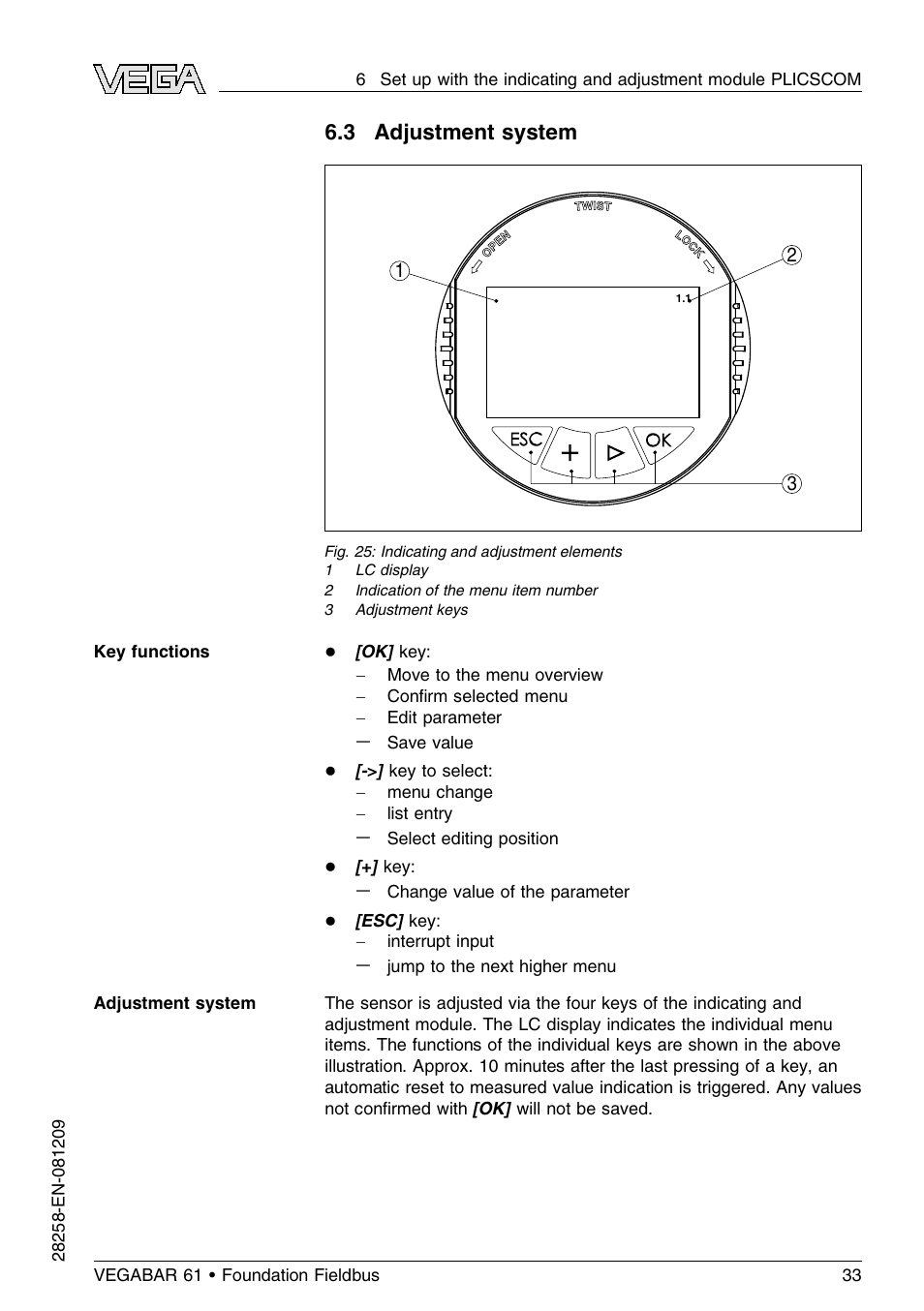 3 adjustment system | VEGA VEGABAR 61 Foundation Fieldbus User Manual | Page 33 / 84