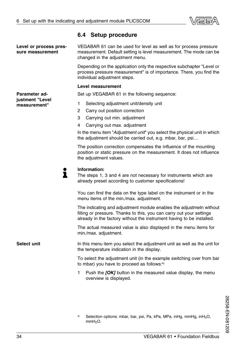 4 setup procedure | VEGA VEGABAR 61 Foundation Fieldbus User Manual | Page 34 / 84