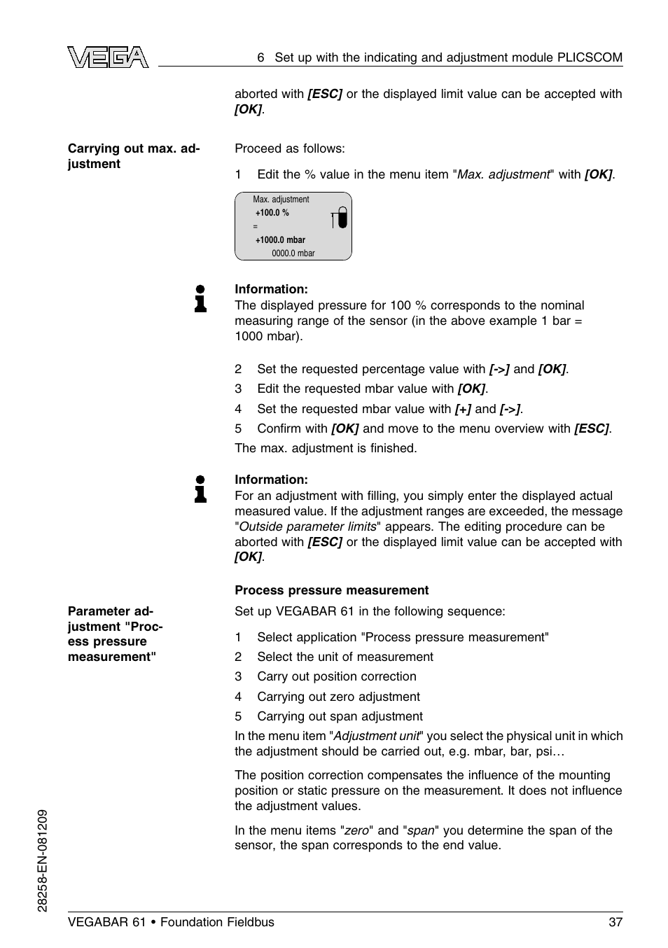 VEGA VEGABAR 61 Foundation Fieldbus User Manual | Page 37 / 84
