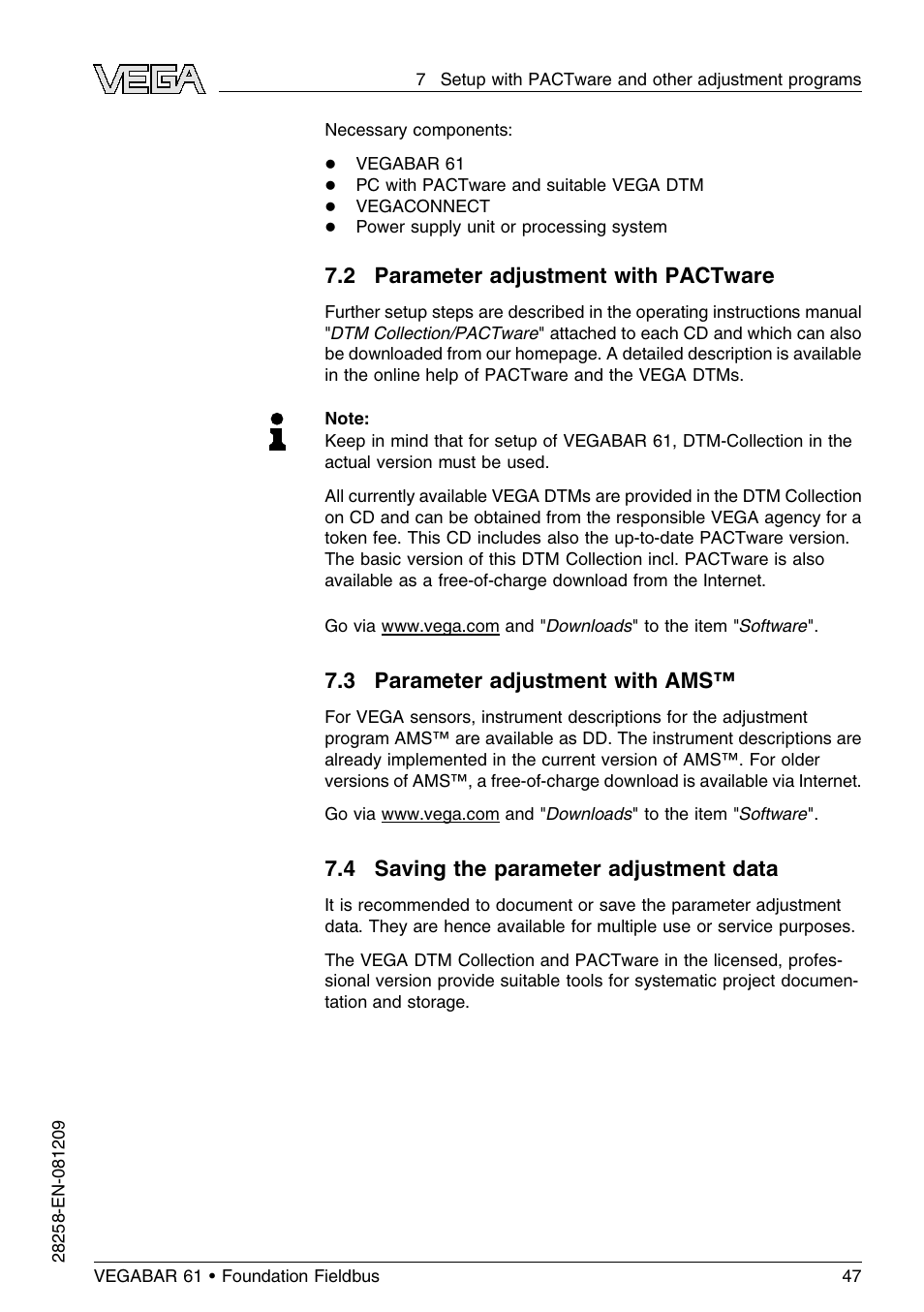 2 parameter adjustment with pactware, 3 parameter adjustment with ams, 4 saving the parameter adjustment data | VEGA VEGABAR 61 Foundation Fieldbus User Manual | Page 47 / 84