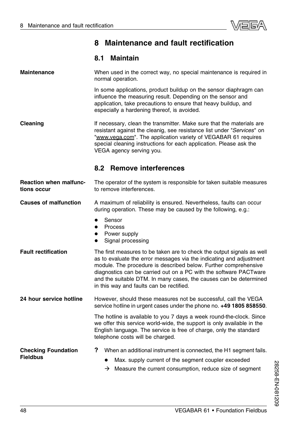 8 maintenance and fault rectification, 1 maintain, 2 remove interferences | 8 maintenance and fault rectiﬁcation | VEGA VEGABAR 61 Foundation Fieldbus User Manual | Page 48 / 84