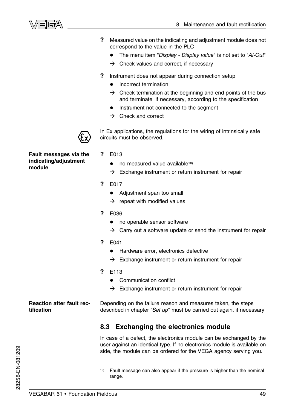 3 exchanging the electronics module | VEGA VEGABAR 61 Foundation Fieldbus User Manual | Page 49 / 84